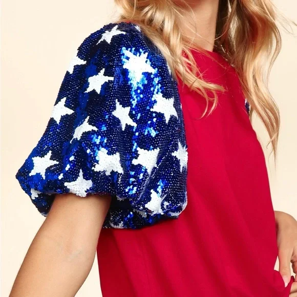 🔥🔥 Haptics New Boutique Star Sequins Bubble Short Sleeve Knit Top Red/Blue - Picture 4 of 4